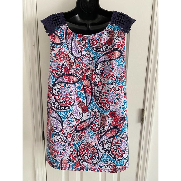 Faded Glory Sleeveless Knit Top Medium Crocheted Straps Red/White/Blue NWT - Picture 2 of 7